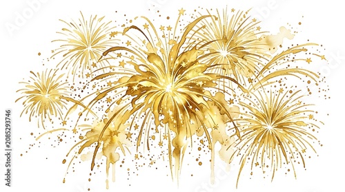golden watercolor firework explosion illustration isolated on white background