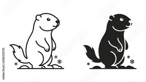 Canvastavla Groundhog Illustration: A charming groundhog depicted in both a clean line drawing and a solid silhouette, with small snowflakes scattered around, representing a winter theme