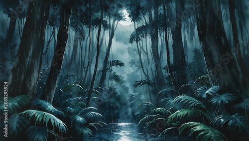 Dense Woodland Watercolor Background with Tall Ancient Forest Trees.