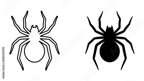 Fotografía Spider Icons: Two stylized representations of a spider, one outlined in black and white and the other a solid black silhouette, showcase the arachnid’s eight-legged form