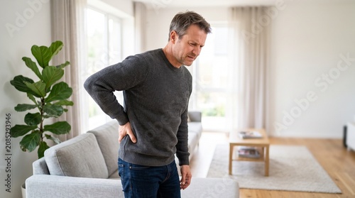 Man holding lower back because of kidney pain