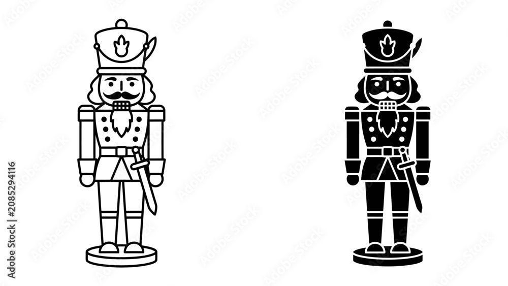 Obraz premium Nutcracker Soldier Duo: A striking illustration showcases two nutcracker figures, one outlined in black and white and the other a solid black silhouette, embodying a festive holiday spirit.