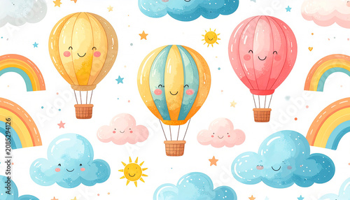 Seamless nursery pattern with hot air balloons, smiling sunshine, fluffy clouds, and pastel rainbows on white.
