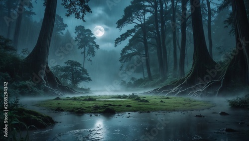Quiet Forest Creek Watercolor Background with Gentle Woodland Atmosphere.