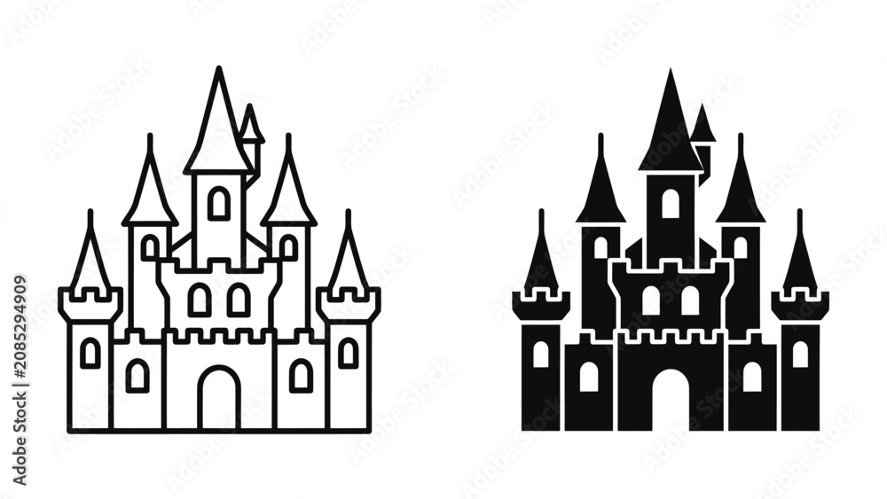 Fototapeta premium Medieval Castle Icon: Two stylized icons of a medieval castle, one outline and one silhouette, represent a classic symbol of history and fantasy.