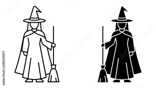 Fotografía Witch Icon: A stylized depiction of a witch wearing a pointed hat and cloak, holding a broomstick, presented in both outline and solid black versions