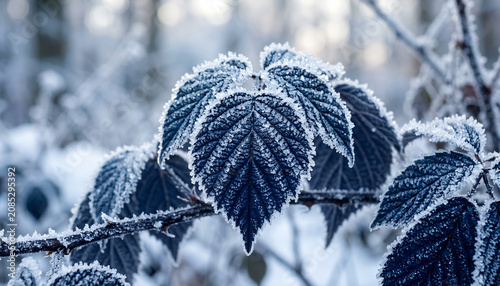 Deep Navy Botanical Leaves Decorated with Delicate White Frost Crystals Creating an Elegant Winter Macro Nature Background for Premium Wallpaper and Creative Projects