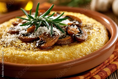 Homemade mushroom polenta with parmesan on rustic table