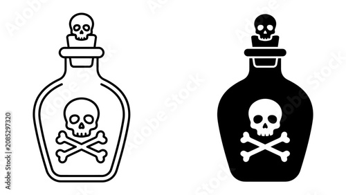 Schilderij op canvas Poison Bottle Icon: A stark, stylized depiction of a glass bottle filled with a dangerous liquid, sealed with a stopper and marked with the universal skull and crossbones symbol indicating toxicity