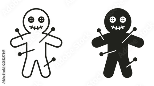 Photos Voodoo Doll Icons: Two distinct voodoo doll figures, one in black and one in white outline, are depicted with pins inserted, representing a concept of misfortune or ritualistic practice