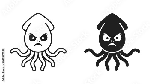 Tableau sur toile Angry Squid Icon: A cartoonish squid illustration depicted with a furious expression, shown in both outline and silhouette versions