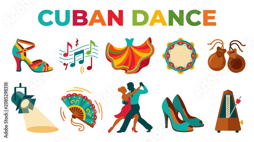 Bild auf Leinwand Colorful Cuban Dance Vector Illustration with Musical and Cultural Elements