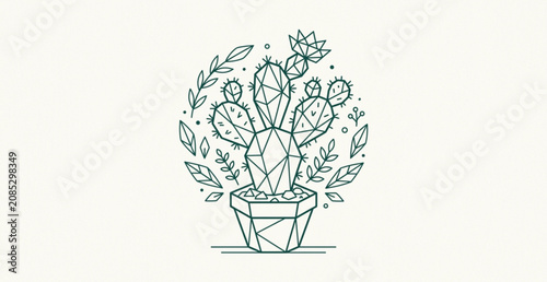 Fényképezés A stylish vector illustration featuring a geometric cactus designed with clean minimalist line art and balanced modern shapes, centered on a solid white background