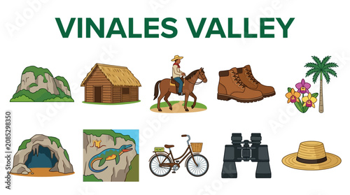 Photography Colorful Icon Set of Viñales Valley Landscape and Travel Elements Illustration