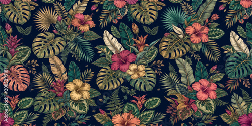 Seamless Floral Pattern with Leaves and Blossoms Vintage Botanical Vector Background for Wallpaper Textile Fabric Nature Decoration and Spring Summer Surface Design