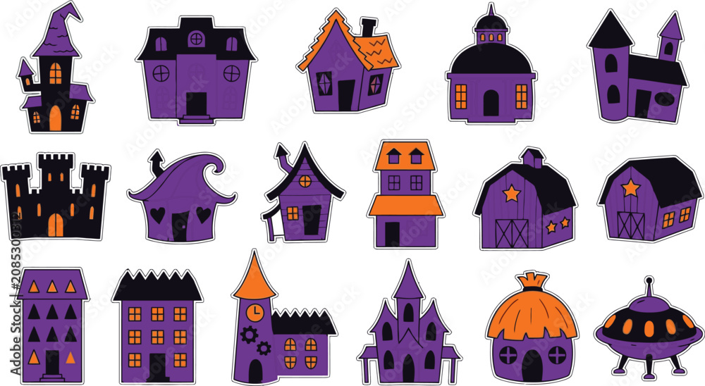 Naklejka premium Gothic Haunted Mansion Halloween Clipart with Towers and Bats