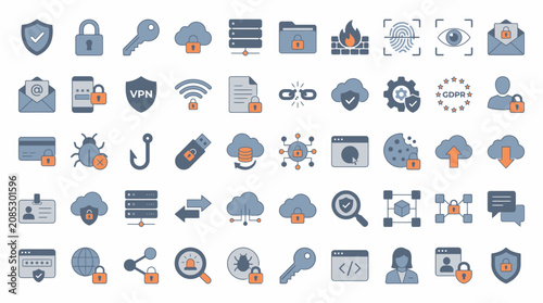 Data security icons represent various aspects of digital safety including password protection, network monitoring, and privacy management tools.