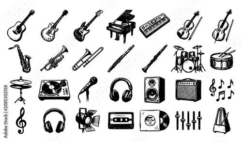 Schilderij op canvas Dark Doodle Music Instrument Set with Hand Drawn Guitar Piano Drums and Audio Eq