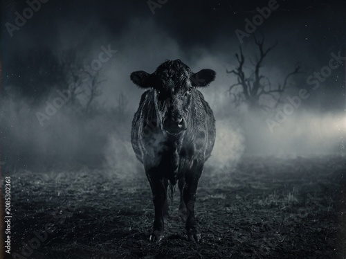 Symmetrical front portrait of black cow in dark misty fog