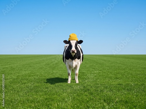 Funny cow wearing a yellow beanie hat in green pasture