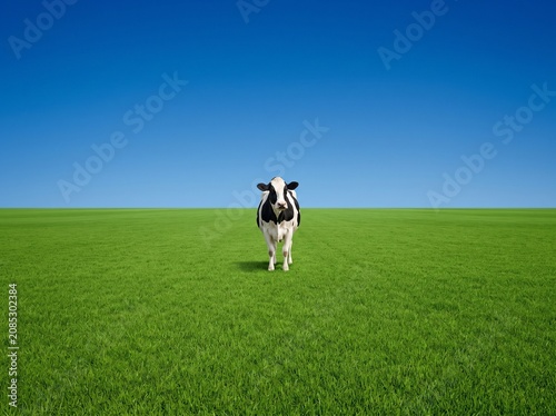 Holstein cow standing in vast green field under blue sky