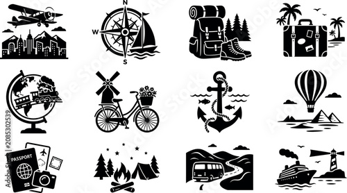 collection of black and white travel and adventure icons symbols and illustrations