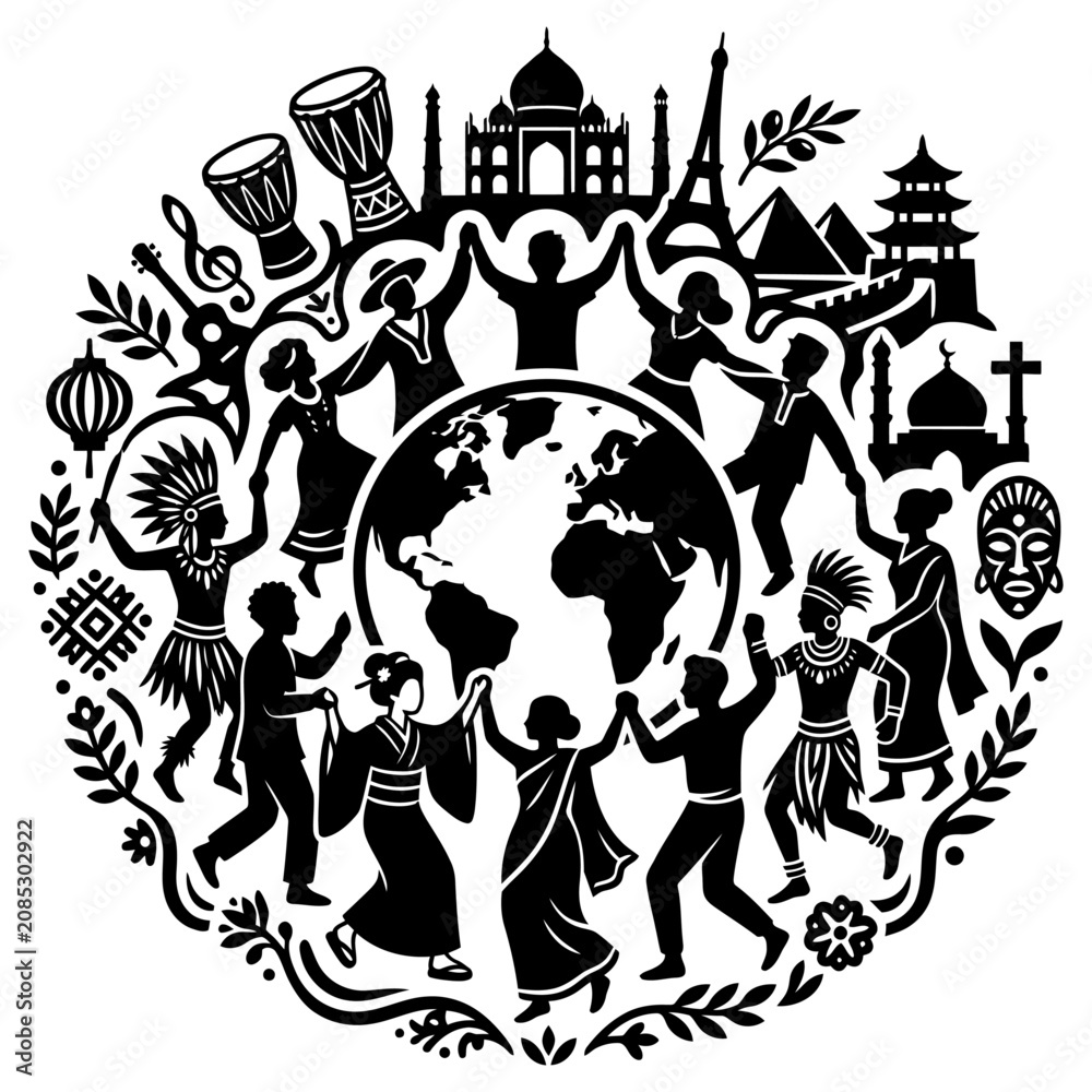 Fototapeta premium global unity and cultural diversity with people holding hands around earth surrounded by world cultures iconic landmarks and peace.