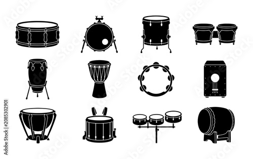 Fotografie Diverse Drum Set Collection, Percussion Instruments Vector Icons, Musical Equipm
