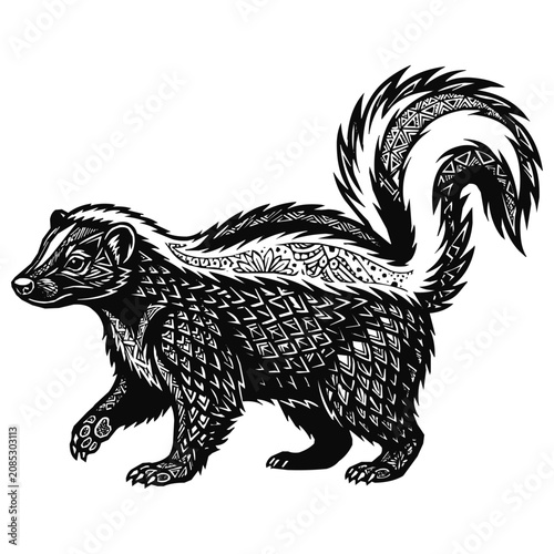 Intricate Skunk Mandala Tribal Illustration with Ornate Patterns and Decorative Zentangle Art Style for Creative Coloring Projects