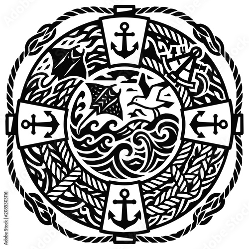 Intricate Nautical Anchor and Ocean Lifebuoy Design featuring stylized Waves, Seagulls, and Marine Wildlife in a Black and White Circular Emblem