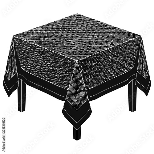 Elegant square tablecloth with a geometric pattern on a table, featuring black and white furniture design for modern home decor.