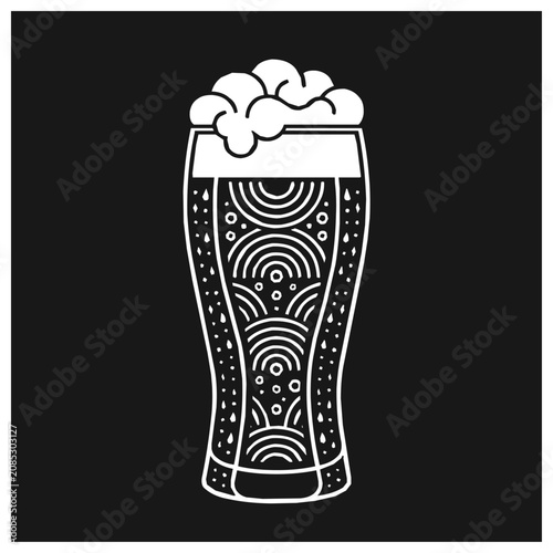 Stylized Beer Glass Pint with Decorative Foam and Intricate Geometric Pattern Illustration on Black Background