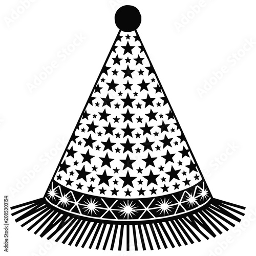 Minimalist Black and White Party Hat Illustration with Wizard Stars and Festive Patterns for Celebration, Birthday, and Magic Events