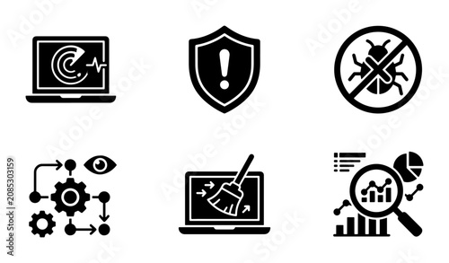 Cybersecurity and Data Analysis Icons: Antivirus, Network Security, Workflow, System Optimization, and Reporting Vector Graphics for Digital Concepts