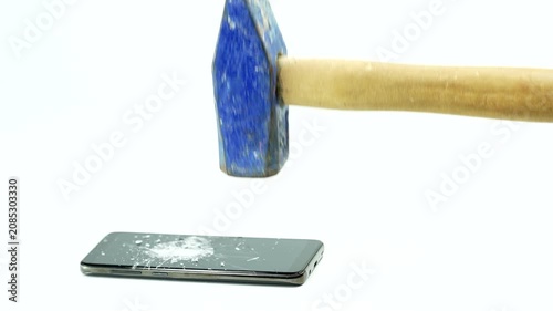 Hammer Smashing Smartphone Screen on White Background – Mobile Phone Durability Test and Destruction Concept