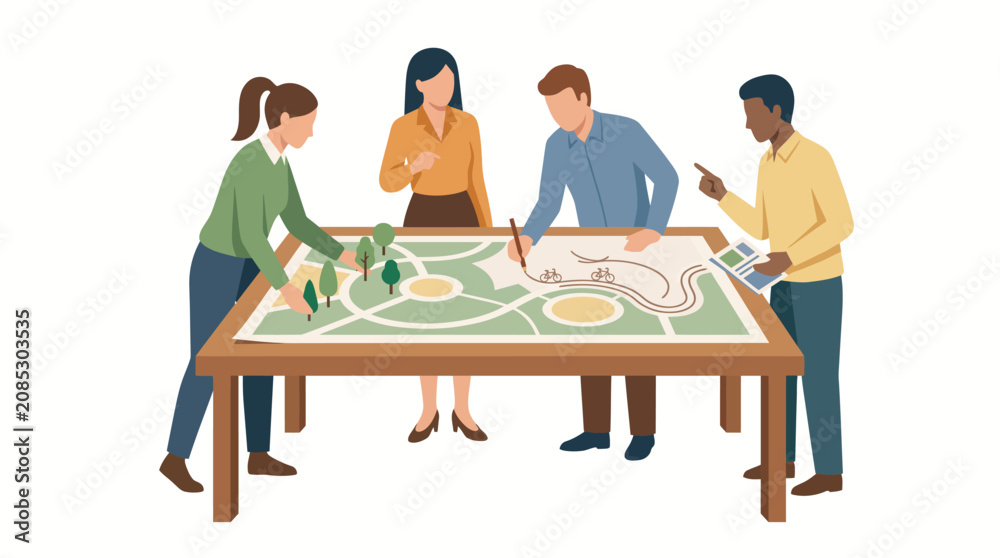 Fototapeta premium Architects collaborate around a large table to review a detailed urban landscape project model in a modern office environment.