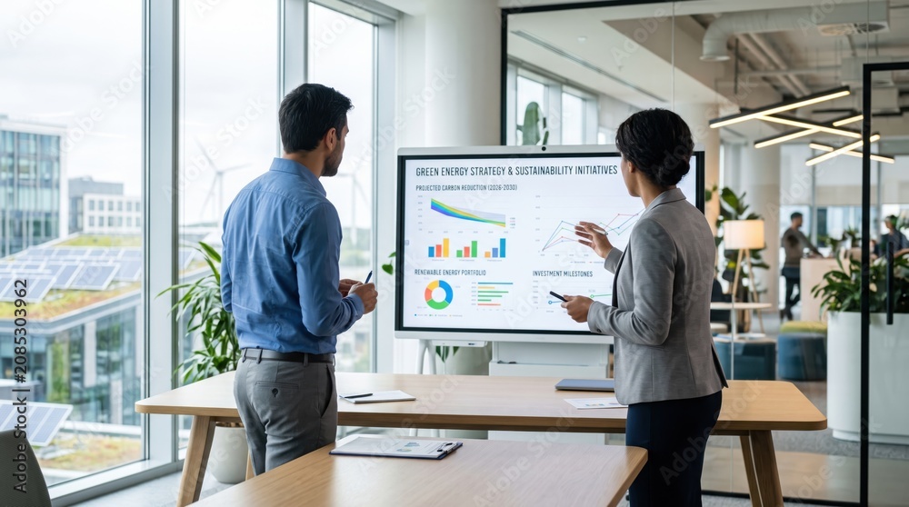 Fototapeta premium Business professionals analyzing green energy strategy and sustainability initiatives on digital screen, corporate meeting about renewable power solutions