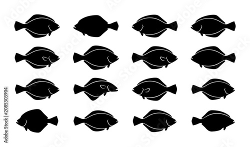 Tableau sur toile Flatfish Silhouettes Collection, 16 Diverse Marine Animal Icons, Seafood and Oce