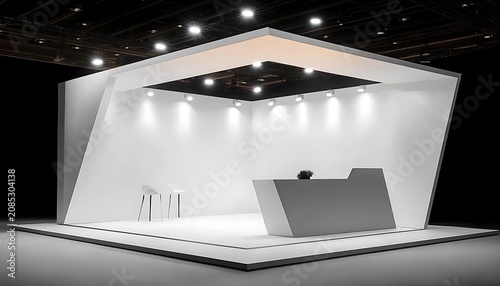 Modern white exhibition stand with reception desk and seating areas for trade show.