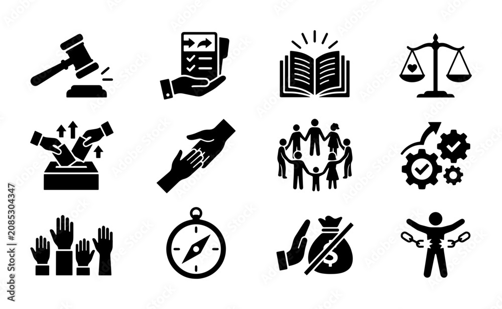 Fototapeta premium Civic Duty Icons Set: Justice, Voting, Community, Compassion, Education, Finance, Freedom, Teamwork, Governance, Human Rights, Social Justice, Democracy