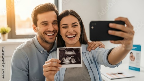 Excited couple taking selfie with ultrasound photo