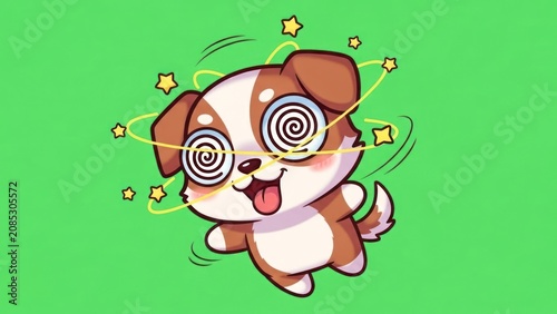 Dizzy cartoon puppy with spiral eyes and stars on green background