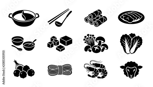 Fotografie Hot Pot Ingredients Vector Icons: Asian Cuisine Food Set, Chinese Cooking Elemen