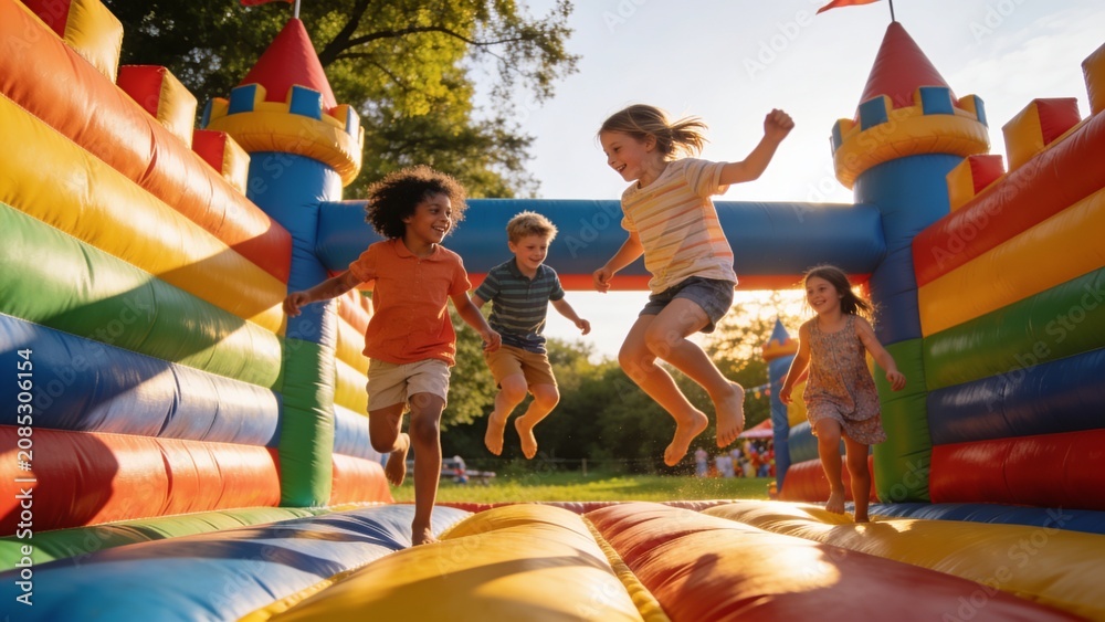 Fototapeta premium Happy children running and playing inside a colorful inflatable bounce house on a sunny summer day.