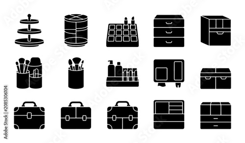 Foto Storage Solutions Vector Icons: Organizers, Containers, Drawers, and Cases for B