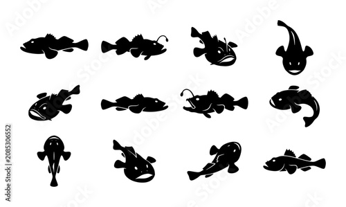 Canvastavla Deep Sea Anglerfish Vector Icons Set, Mysterious Marine Life Silhouettes, Underw