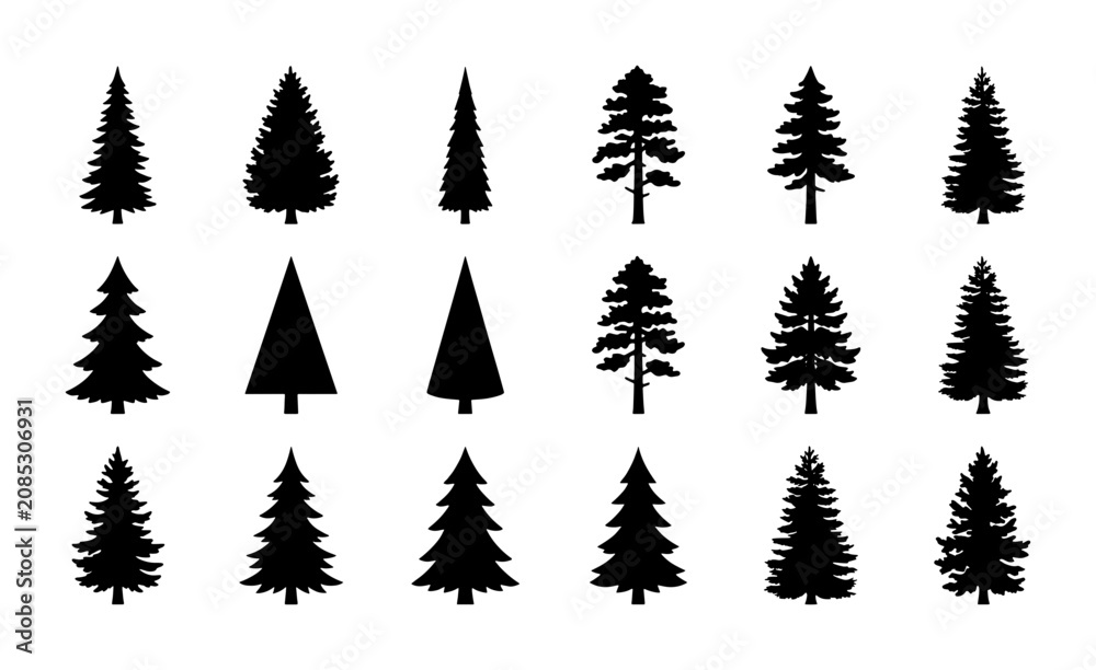 Obraz premium Coniferous Tree Silhouettes, Pine and Fir Forest Icons, Evergreen Woodland Vector Collection for Nature Design