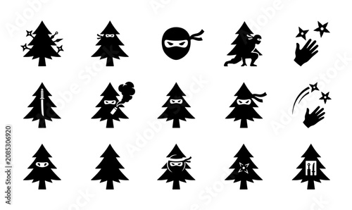 Bild auf Leinwand Ninja Christmas Trees Vector Icons Set, Festive Holiday Characters, Stealthy Win