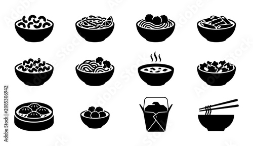 Foto Asian Food Icons Set, Chinese Cuisine Vector Graphics, Noodle Bowls and Dumpling
