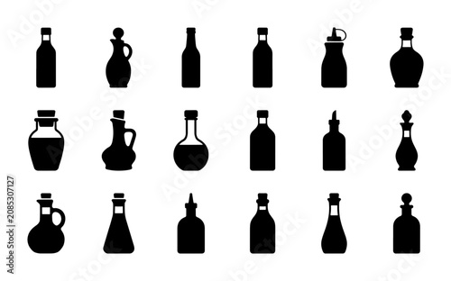 Tableau sur toile 25 Black Silhouette Icons: Various Glass Bottles, Jars, and Cruets for Oil, Vinegar, and Condiments
